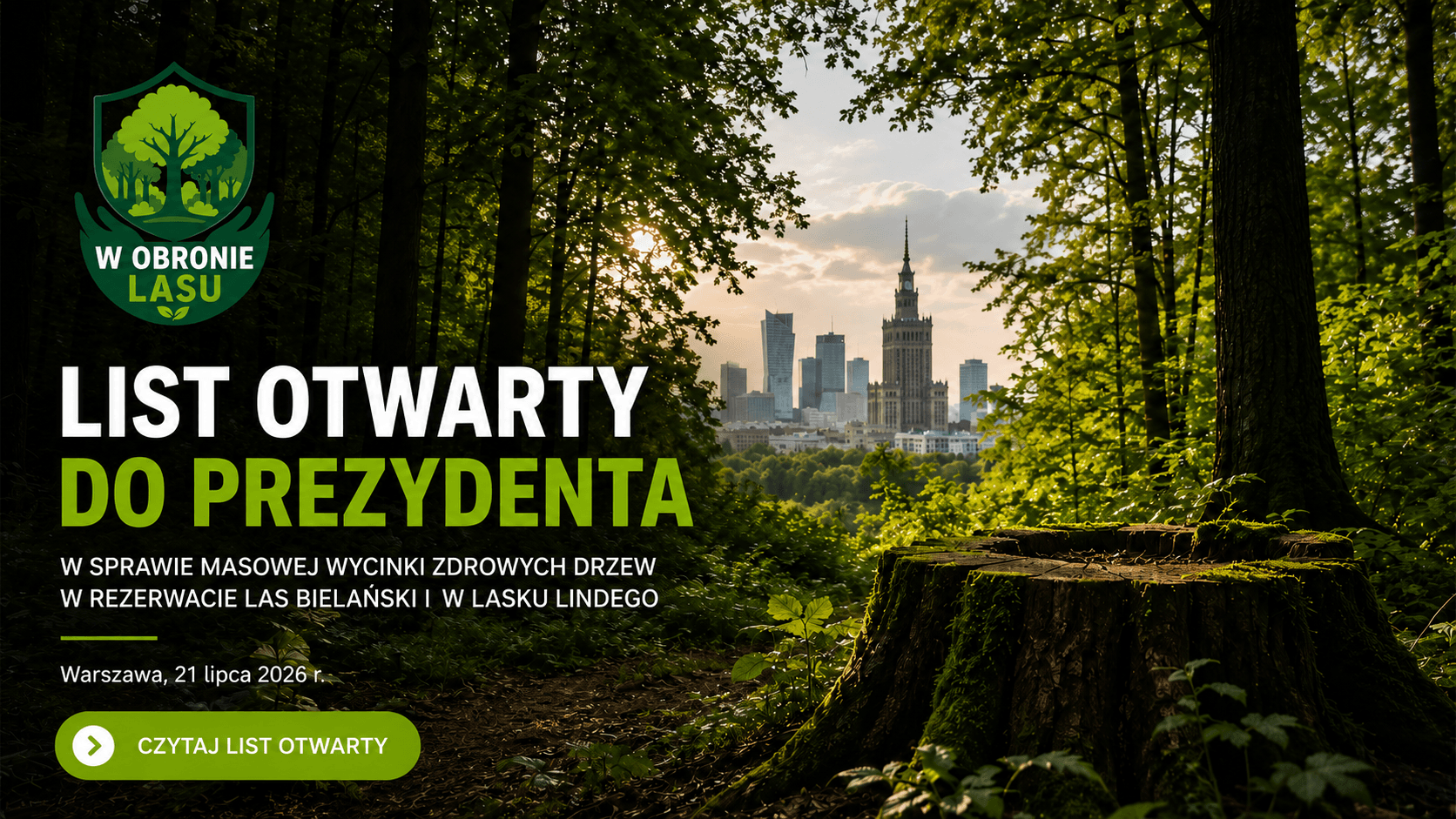 List otwarty do prezydenta Rafała Trzaskowskiego w sprawie wycinki drzew w Lesie Bielańskim i Lasku Lindego